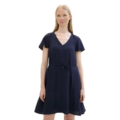 Abbildung von TOM TAILOR Damen Basic Sommer Kleid mit V Ausschnitt, sky captain blue, 40