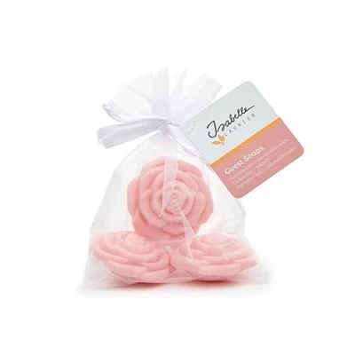 Abbildung von Isabelle Laurier Set mit 3 Seifen in Rosenform einem Organza Beutel 98% natürliche Inhaltsstoffe Geschenk für Damen