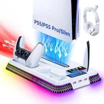 Abbildung von Tolesum Vertikaler Standfuß für PS5/PS5 Pro/PS5 Slim mit 3 Stufen Lüfter, Ladeständer Dual Controller USB Hubs, Multifunktionale RGB Ladestation Ständer Playstation 5/ Pro/Slim Konsole