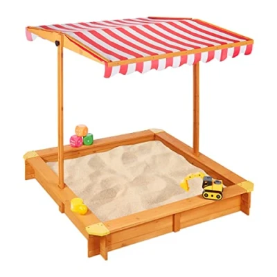 Abbildung von Relaxdays Sandkasten mit verstellbarem Dach, HxBxT: 117 x cm, Sandkiste Bodenvlies, Tannenholz, Natur, Hellbraun, Rot, Weiß
