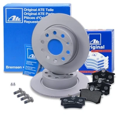 Abbildung von ATE Bremsenset Hinterachse inkl. Bremsscheiben hinten Ø 253 mm voll und Bremsbeläge Kompatibel mit AUDI A3, SEAT LEON, TOLEDO, SKODA OCTAVIA, VW BEETLE, CADDY, GOLF, JETTA, SCIROCCO