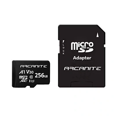 Abbildung von ARCANITE 256 GB microSDXC Speicherkarte mit Adapter A1, UHS I U3, V30, 4K, C10, MicroSD, Lesegeschwindigkeit von bis zu 90 MB/s