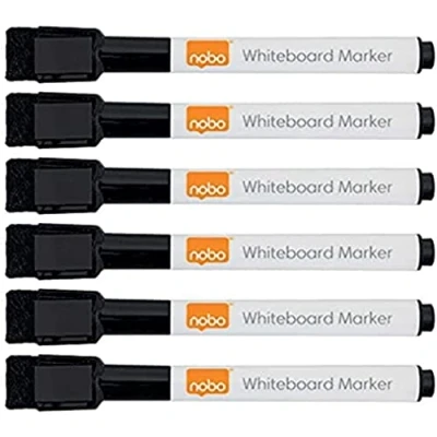 Abbildung von Nobo Mini Whiteboard Stifte mit Magnetischer Radierkappe, 2 mm Feine Spitze, 6er Pack, Trocken Abwischbar/Radierbar, Geruchsarm, Schwarz, 2104184