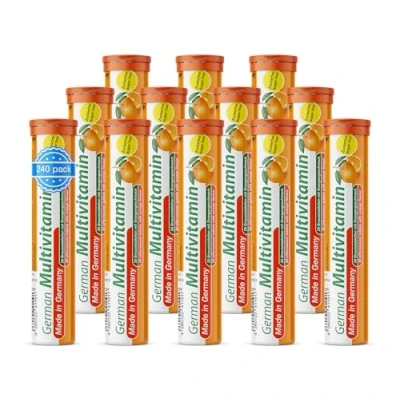 Abbildung von Multivitamin Brausetabletten 12x20 Stk. Orangengeschmack Vitamin C, E, B1, B2, B6, B12, Biotin, Folsäure, Niacin, Pantothensäure T&amp;D Pharma German Made in Germany