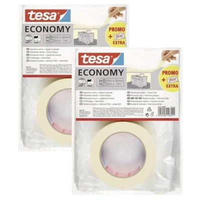 Abbildung von tesa Malerband ECONOMY Vielseitiges Klebeband für Malerarbeiten ohne Lösungsmittel Bis zu 4 Tage nach Gebrauch rückstandslos entfernbar (50m x 50mm 2 Rollen + 1 Rolle Folie, 2er Pack)
