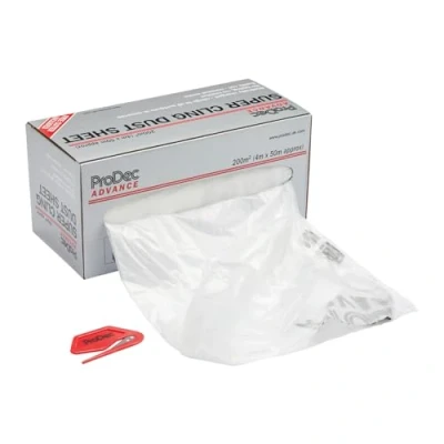 Abbildung von ProDec Advance 200 m² (4 m x 50 m) Super Cling Polyethylen Staubschutzfolienrolle, statisch aufgeladen, unsichtbare Haftung ohne Klebeband, zum Schutz von Böden/Möbeln/Wänden beim Malen und Dekorieren