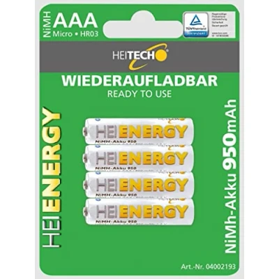 Abbildung von HEITECH vorgeladener 4er Pack NIMH Akku Micro/AAA / HR03 950 mAh 1,2V Wiederaufladbare Batterien mit geringer Selbstentladung Akkus für Geräte hohem Stromverbrauch