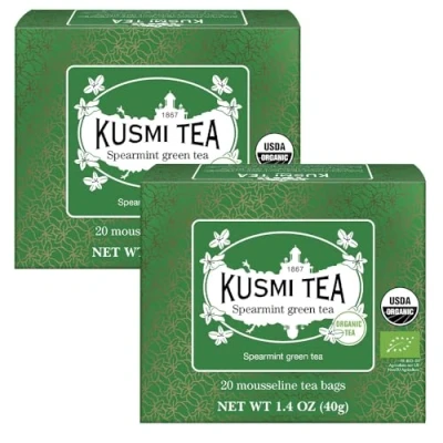 Abbildung von Kusmi Tea 2er Pack Grüner Tee mit Minze Traditionell Durstlöschender Gunpowder Grüntee und Minzblättern Echte Minzeblätter Heiß oder Eisgekühlt Genießen 2x20 Teebeutel