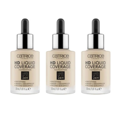 Abbildung von Catrice HD Liquid Coverage Foundation, Nr. 010, Nude, langanhaltend, mattierend, matt, für unreine Haut, vegan, ölfrei, wasserfest, ohne Parabene, 3er Pack (3x30ml)