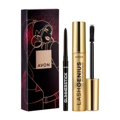 Abbildung von Avon Lash Genius Eye Zweiteiliges Geschenkset mit Multitask &amp; Multiply Mascara in Blackest Black 10ml und Glimmerstick Eyeliner einer Geschenkbox