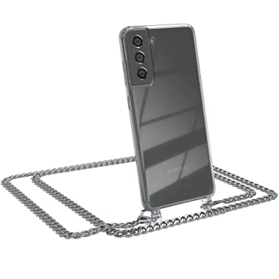 Abbildung von EAZY CASE Handykette kompatibel mit Samsung Galaxy S21 FE 5G Handyhülle Metal Umhängeband und Ersatz Kordel schwarz, Handykordel Schutzhülle, Stylische Kette, Silber