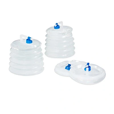 Abbildung von Relaxdays faltbarer Wasserkanister, 4er Set, 10 l, Faltkanister mit Zapfhahn &amp; Tragegriff, BPA frei, transparent/blau