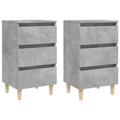 Abbildung von vidaXL 2X Nachttisch mit Massivholz Beinen 3 Schubladen Nachtschrank Nachtkonsole Nachtkommode Schlafzimmer Schrank Kommode Betongrau 40x35x69cm