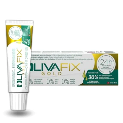 Abbildung von Medosan Zahnpasta Prothesenhaftcreme OlivaFix Gold, mit organischem Olivenöl für zusätzliche Pflege