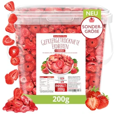 Abbildung von Erdbeeren gefriergetrocknet, 200g gefriergetrocknete Früchte in Scheiben, ungezuckert, fruchtige Erdbeerchips, getrocknete