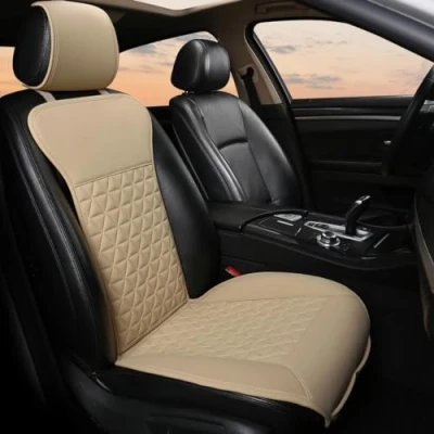 Abbildung von Black Panther 1 Stück Luxus PU Leder Sitzbezug Auto Vordersitze, Kompatibel mit 95% Autos,Keine Sitzheizung, Keine Wärme (Limousine/SUV/Pickup/Van) Beige