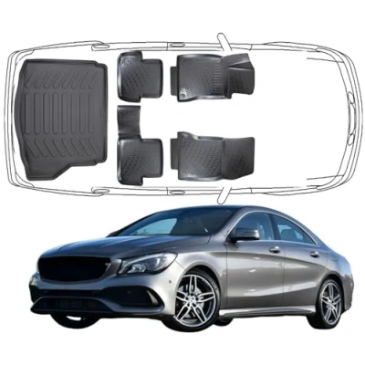 Abbildung von Trimak Passgenau 3D Fussmatten &amp; Kofferraumwanne Auto Set Kompatibel mit Mercedes CLA C117 1 Gen 2013 2019 Zubehör Gummimatten Kofferraummatte Autos Allwetter Geruchlos rutschfest Schwarz