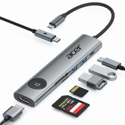 Abbildung von acer USB C Hub, 4K@60Hz Adapter auf HDMI mit PD 100W, 2X 3.0, Datenport, Kartenleser und Bildschirmsteuerung, 7 in 1 Docking Station für MacBook Pro/Air, Surface, Galaxy S24