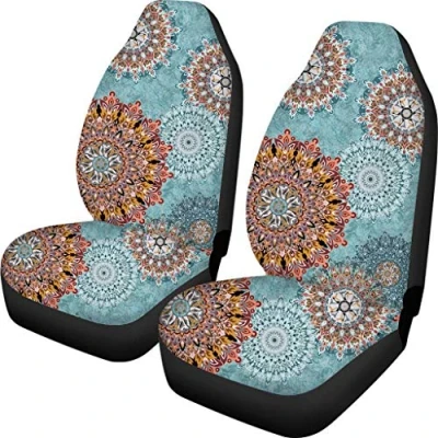 Abbildung von Binienty Auto Innenzubehör, Dekor Sitzbezüge für Vordersitze, 2 Packungen, buntes Mandala Blumendesign, Boho Stil