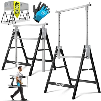 Abbildung von MASKO® Teleskop Arbeitsbock Untergestell 1 er Set Klappbock max. Belastbarkeit 200 kg Unterstellbock höhenverstellbar Min. / Arbeitshöhe 800 1300 mm Gerüstbock inkl. Handschuhe Schwarz