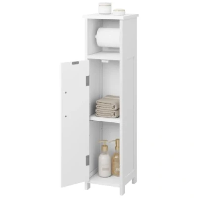 Abbildung von EUGAD Toilettenpapierhalter freistehend, Badezimmerregal Toilettenpapieraufbewahrung, Badregal mit Tür, Toilettenschrank Toilettenregal schmal, Weiß