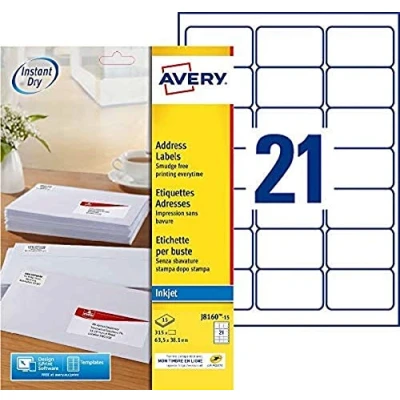 Abbildung von AVERY 315 selbstklebende Adressetiketten zum Bedrucken, personalisierbar, weiß, Format 63,5 x 38,1 mm, Tintenstrahldrucker, (J8160 15)