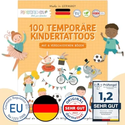 Abbildung von Papierdrachen 100 Kindertattoos zum Aufkleben aus Deutschland Tattoos mit Aktivitäten und weiteren kindgerechten Designs als Geburtstagsmitgebsel vegan Diversity Set 14