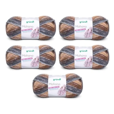 Abbildung von Gründl Wolle Mohanna Strick und Häkelgarn aus 90% Polyacryl, 10% Mohair, 5 x 100 g, dicke Wolle, grau camel braun