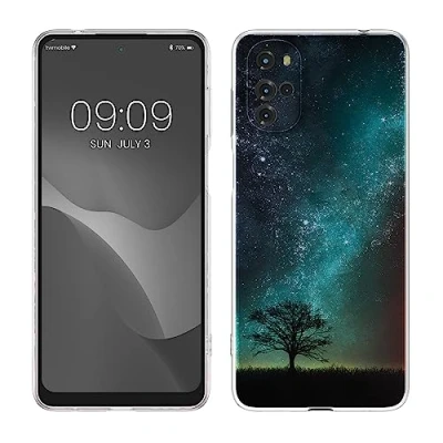 Abbildung von kwmobile Case kompatibel mit Motorola Moto G22 Hülle Silikon transparent Galaxie Baum Wiese Blau Grau Schwarz