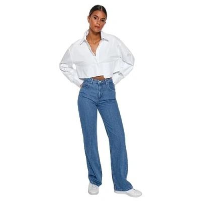 Abbildung von TRENDYOL Damen Gerade Weites Bein Hohe Taille Jeans, Blau, 36