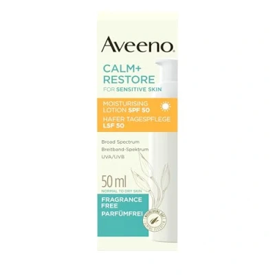 Abbildung von Aveeno CALM+RESTORE Hafer Tagespflege LSF 50 (50ml), Breitband Spektrum UVA/UVB, beruhigt empfindliche Haut, langanhaltende Feuchtigkeit, hoher Sonnenschutz, parfümfrei