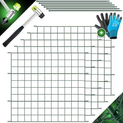 Abbildung von KESSER® Teichzaun Gartenzaun Steckzaun Komplettset Metall 5x Gerade Inkl. Handschuhe, 1x Hammer + 6 Befestigungsstäben, Zaun zum stecken für Garten, Gitterzaun Set Freigehege Tiere