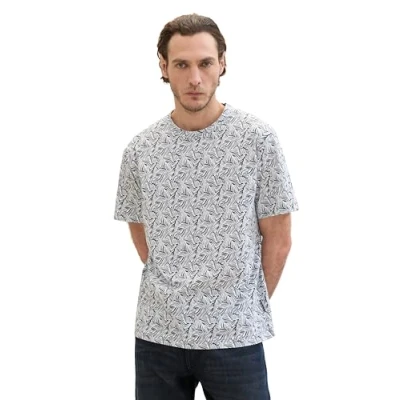 Abbildung von TOM TAILOR Herren Basic T Shirt mit Allover Print, navy white wavy leaf design, L