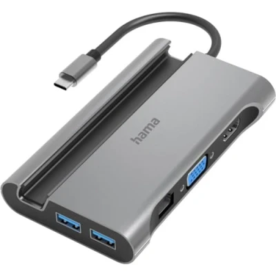 Abbildung von Hama USB C Hub 7 Ports Dockingstation mit Tablethalterung/Handyhalterung (Multiport Adapter 1x HDMI 4K, VGA, 3x A, PD, LAN Gigabit Ethernet, 7in1 für Büro, Homeoffice)