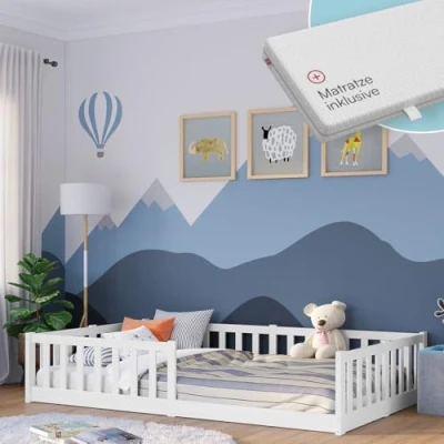Abbildung von Bellabino Kinderbett Vere (weiß, auch verfügbar in 80x160, 90x200 und 140x200 cm), Bodenbett 120x200 cm mit Matratze, aus Kiefer Massivholz