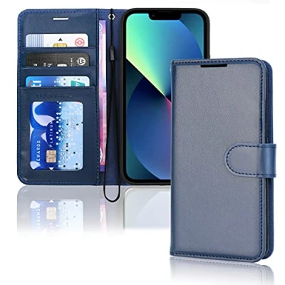 Abbildung von TECHGEAR hülle iPhone 13 Leder PU Flip Schutzhülle Ledertasche [Brieftasche] Handyhülle mit Ständer und Handschlaufe Blau Kompatible