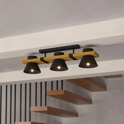 Abbildung von Eglo 43955 Deckenleuchte MACCLES Stahl schwarz, Holz braun E27 3X15W L:78cm B:18cm H:20.5cm dimmbar