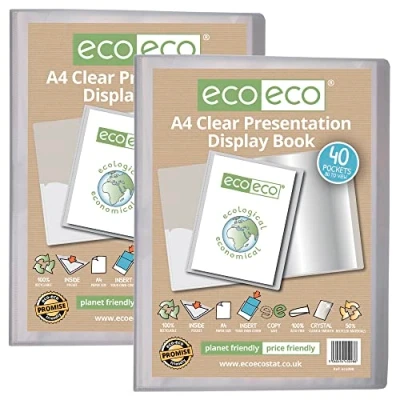 Abbildung von eco Präsentationsbuch, A4, 50% recycelt, 40 Taschen, transparent, Aufbewahrungsbox, Portfolio, Kunstmappe, mit Kunststoffhüllen, 2 Stück, eco098x2