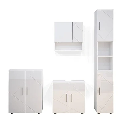 Abbildung von Vicco Badmöbel Set Irma, Weiß Hochglanz, 4 Teile, mit Hochschrank und Kommode, (4 er Set, St., Set)