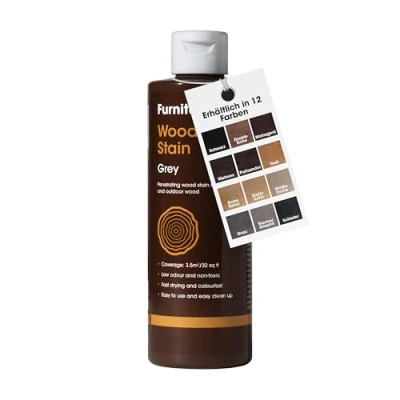 Abbildung von Furniture Clinic Holz Beize und Moebel Lasur (Grau). Ungiftig. Hochkonzentrierte Holzbeize. Schnelltrocknend. für alle Holzarten im Innen Außenbereich 250 ml
