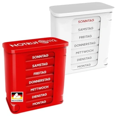 Abbildung von Kerpers® Tablettenbox 7 Tage MADE IN GERMANY Pillendose mit 4 Fächer morgens mittags abends nachts Medikamentenbox für Tabletten und Supplements (2 Stück Weiß/Rot)
