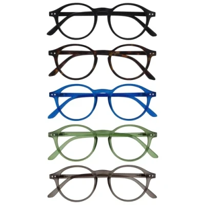 Abbildung von OPULIZE REY Lesebrille 5er Pack Runder Retro Rahmen Mattschwarz, Braun, Blau, Grün, Grau Herren Damen Federscharniere RRRRR56 12367 +2.00