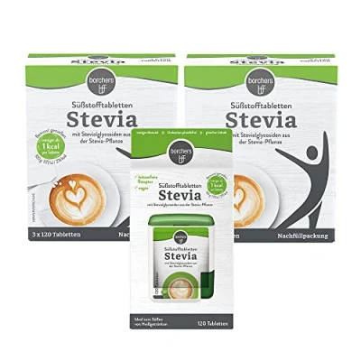 Abbildung von borchers Stevia Süßstofftabletten Vorteilspack Süßungsmittel Zuckerersatz Tablettenspender 120 Tbl. + 2 x Nachfüllpack