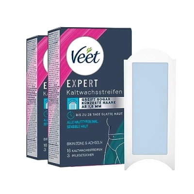 Abbildung von [Neu] Veet Expert Kaltwachsstreifen Bikinizone &amp; Achseln Wachsstreifen zur Haarentfernung für alle Hauttypen inkl. sensibler Haut 8 Doppelstreifen = 16 Streifen