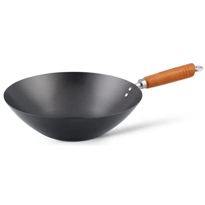 Abbildung von Ken Hom 31cm Carbonstahl Wokfanne mit Antihaftbeschichtung, Classic, Nicht Induktion/Holzgriff/Pfanne Flachem Boden, spülmaschinenfest