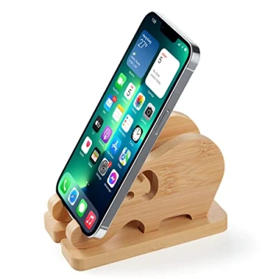 Abbildung von Elefant Bambus Handy Halterung Schreibtisch mit Loch, Abnehmbarer Holz Handyhalter Tisch Ständer Tablet Halter Smartphone für iPhone, iPad und Alle Handys