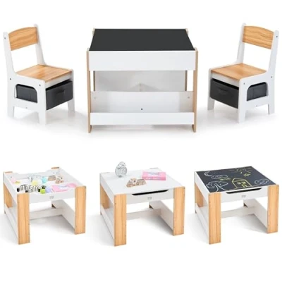 Abbildung von Baby Vivo Kindersitzgruppe Kindertisch Maltisch Kindertischgruppe mit Stauraum und Bücherablage an 2 Seiten Kindermöbel Kinderzimmer Set multifunktionalem Tisch Stühlen aus Holz Mia
