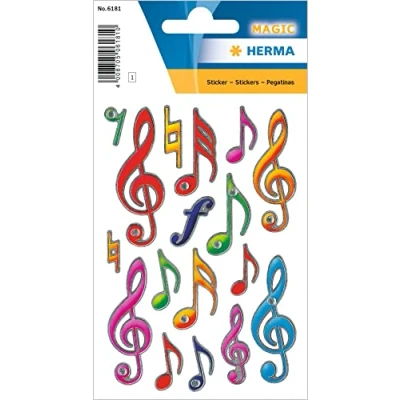 Abbildung von HERMA 6181 Aufkleber Musik Glitzer, 17 Stück, Musiknoten Sticker mit Notenschlüssel Motiv, Kinder Etiketten für Fotoalbum Tagebuch Poesiealbum Scrapbooking Geburtstag Dekoration Briefe DIY Basteln