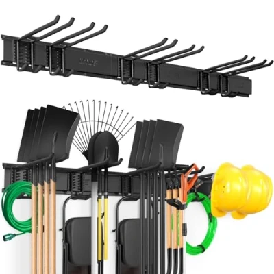 Abbildung von VEVOR Garagen Werkzeug Organizer, 362,9 kg maximale Tragfähigkeit, Wandhalterung, Hof, Garten, Lagerregal, Organisation, strapazierfähig, mit 6 verstellbaren Haken und 3 Schienen, f r Gartengerät
