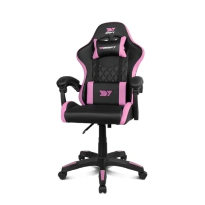 Abbildung von DRIFT GAMING DR35 Professioneller Stuhl, Kunstleder, gepolsterte Armlehnen, Kolben der Klasse 3, verstärkte Nylonbasis, neigbarer Sitz, höhenverstellbar, Lenden /Halswirbelsäulenkissen, Schwarz/Pinke